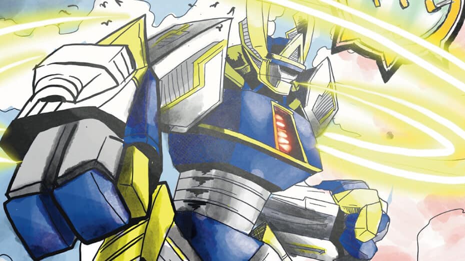 A giant robot mech with blue and white plating and gold trim lets out a bust of energy.